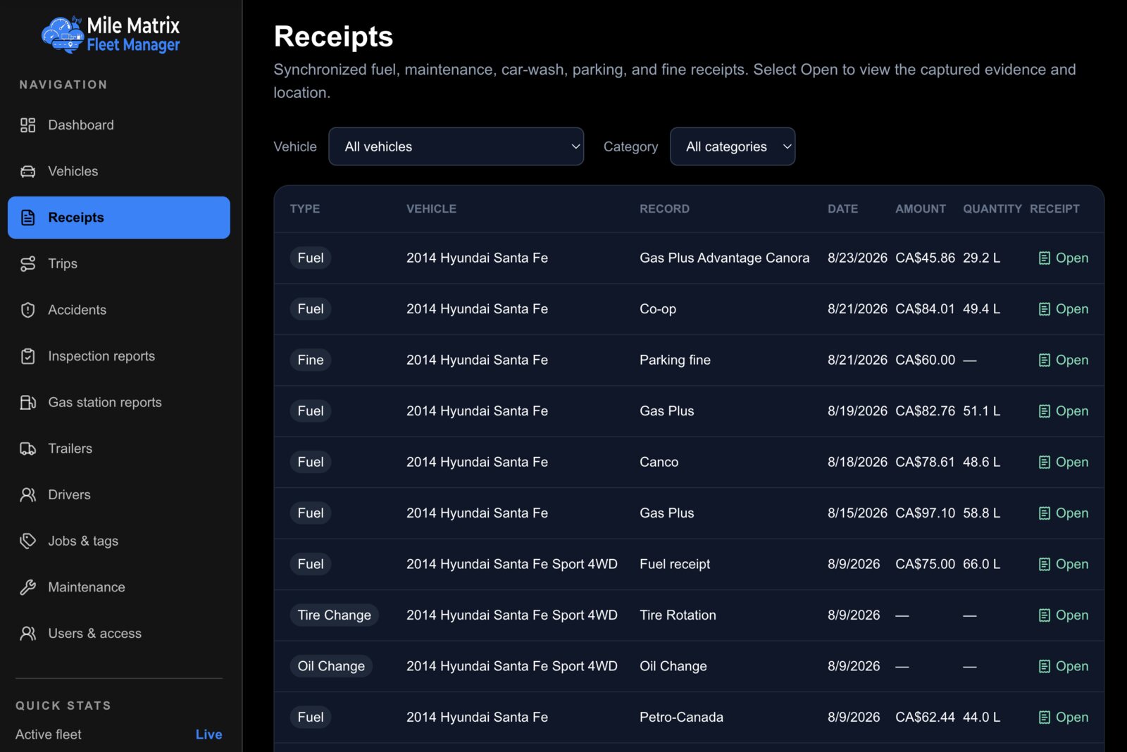 The Fleet Manager receipts table filtered by vehicle and category, showing fuel, fine, tire change, and oil change records