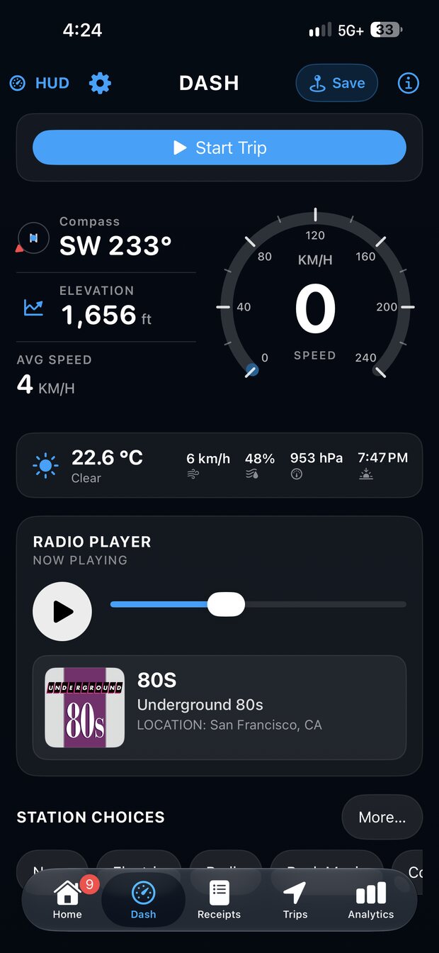 The Mile Maters.io dashboard showing speed, compass, elevation, and weather while driving