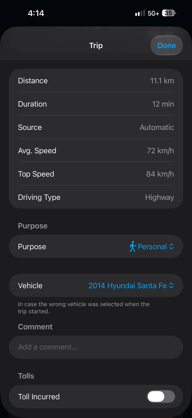 Trip detail showing distance, duration, speeds, driving type, and weather